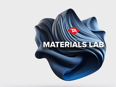 Different materials in an abstract form with TA logo and the words materials lab in big white letters