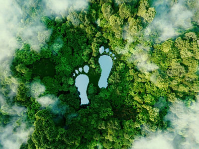 A lake in the shape of human footprints in the middle of a lush forest as a metaphor for the impact of human activity on the landscape and nature in general. 3d rendering.
