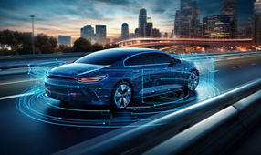 Autonomous self driving electric car change the lane and overtakes city vehicle. High quality photo