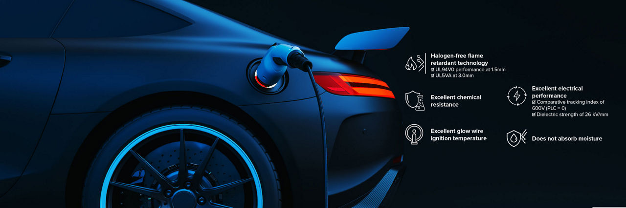 Electric vehicle charging - Crealen® halogen-free flame-retardant polypropylene with high chemical resistance.