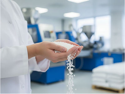 Teknor employee with a handful of pellets