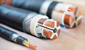 Cross section of high-voltage cable. Thick copper veins are surrounded by a thick layer of polymer insulation.