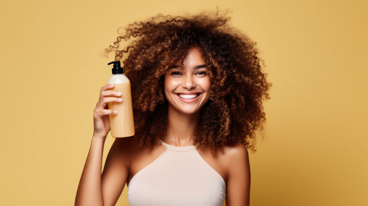 Nahaufnahme eines schönen jungen weiblichen Models mit lockigem Haar, das eine Flasche Shampoo oder Spülung in der Hand hält. Mock-up, Werbung für Pflege- und Schönheitshaarprodukte. Konzeptwerbung für kosmetische Produkt