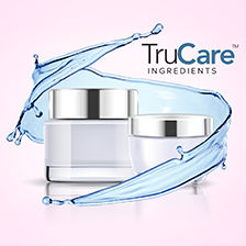 Cosmetic jars surrounded by fluid swirl and a logo that spells Trucare