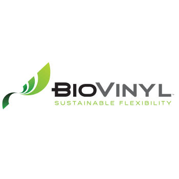 A waved banner in gradients of green followed by BioVinyl and the slogan sustainable flexibility below