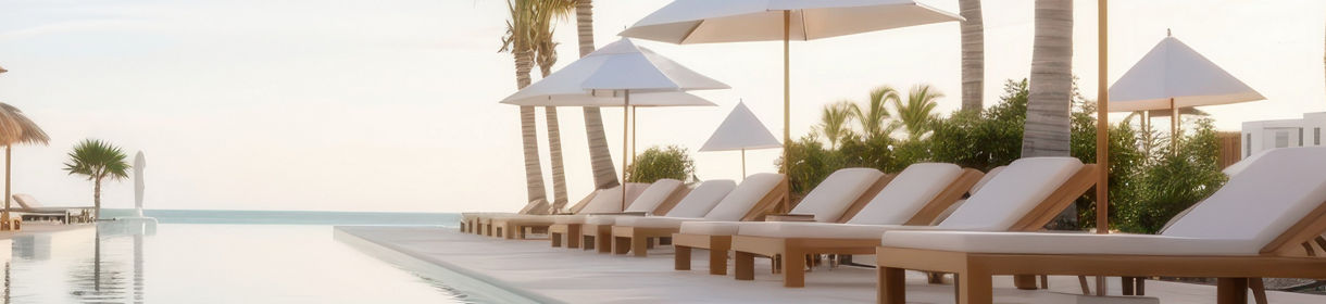 A pristine resort pool area features comfortable lounge chairs, umbrellas, and cabanas, framed by palm trees, under a clear blue sky, epitomizing luxury and relaxation.