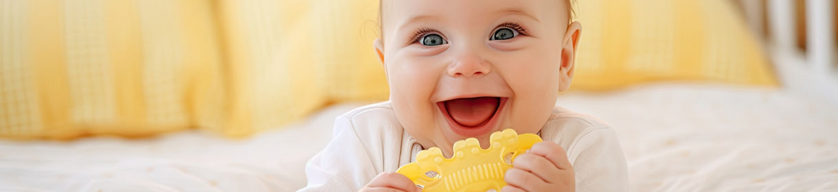 Copy space image of a teething baby on a cotton bed with a teether and rattles showcasing a children s article