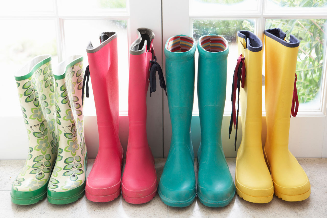 A display of colorful rain boots