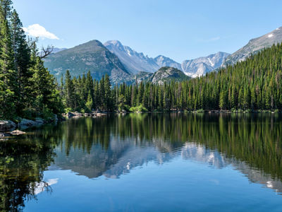 Longs Peak and Glacier Gorge reflecting in blue Bear Lake on a calm Summer morning, Rocky Mountain National Park, Colorado, USA.