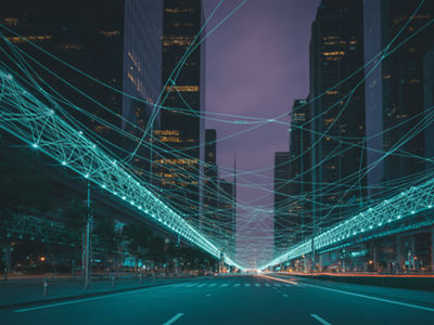 Connectivity in a urban city, futuristic AI created image, with a highway of cables connecting and interlinking